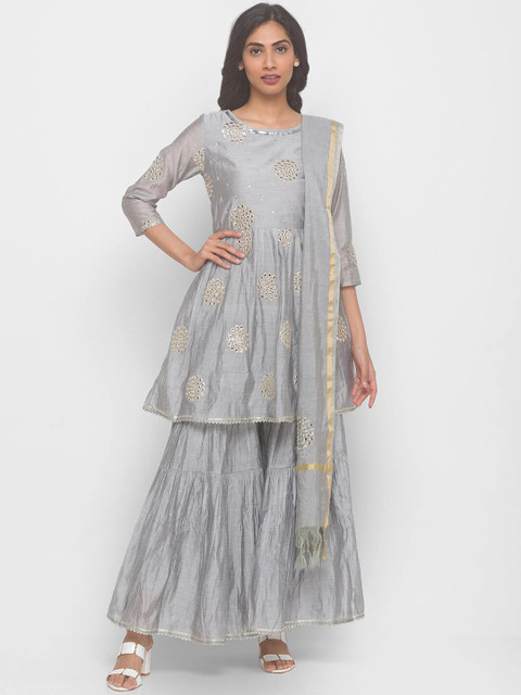 

ZOLA Women Grey Angrakha Chanderi Silk Kurti with Sharara & With Dupatta