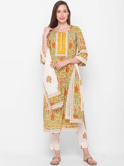 

ZOLA Women Beige Ethnic Motifs Panelled Pure Cotton Kurti with Trousers & With Dupatta