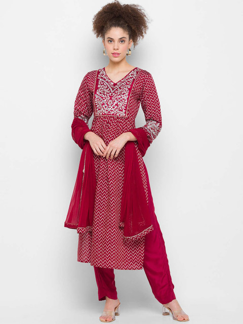 

ZOLA Women Red Empire Kurti with Trousers & With Dupatta