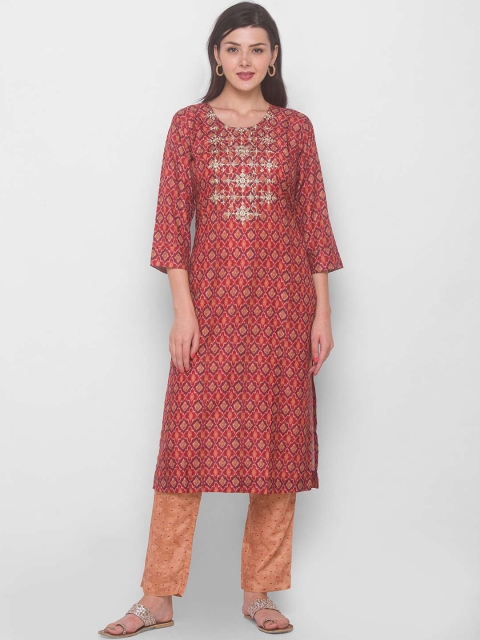 

ZOLA Women Rust Floral Yoke Design Panelled Kurti with Trousers