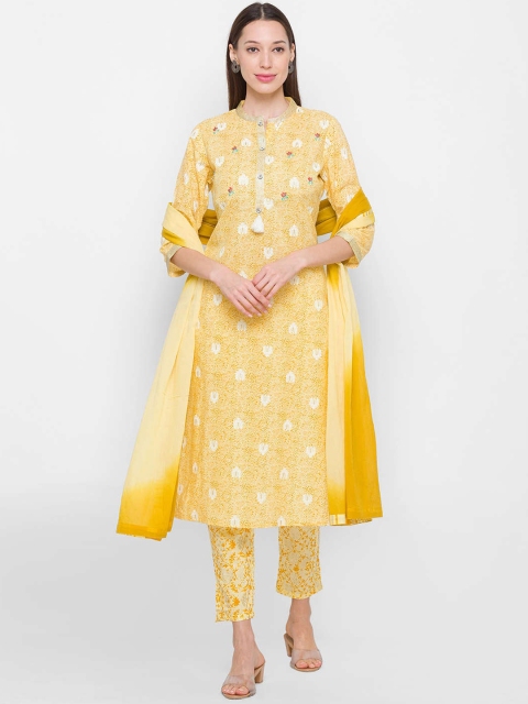 

ZOLA Women Yellow Embroidered Panelled Pure Cotton Kurti with Trousers & With Dupatta