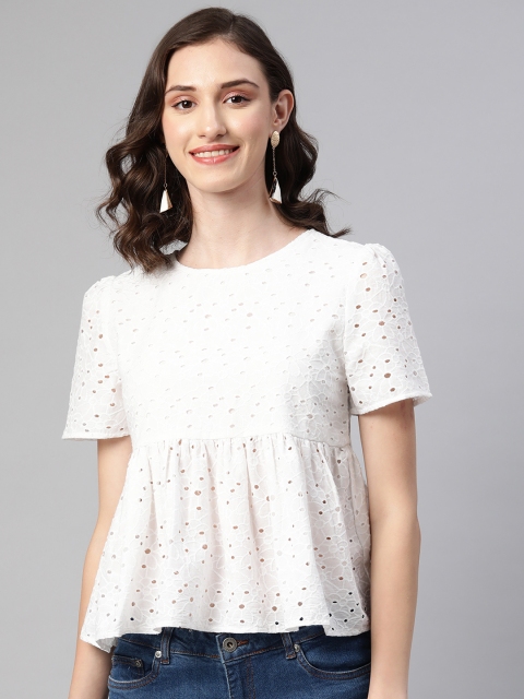 I AM FOR YOU Women White Schiffli Pure Cotton Top