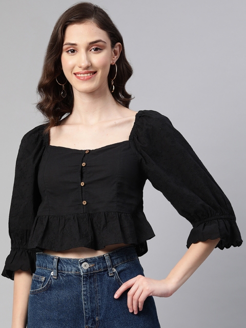 

I AM FOR YOU Women Black Floral Schiffli Pure Cotton Crop Top
