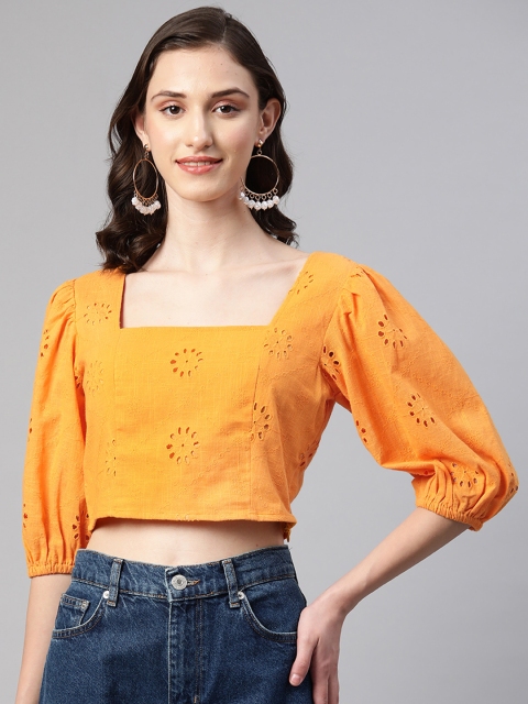 

I AM FOR YOU Mustard Yellow Floral Schiffli Pure Cotton Crop Top