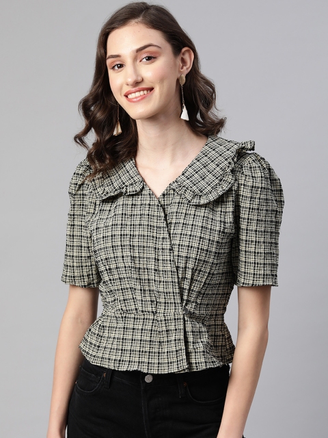 

I AM FOR YOU Women Cream-Coloured & Black Checked Peter Pan Collar Top