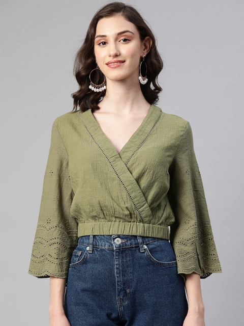 

I AM FOR YOU Women Olive Green Solid Schiffli Detail Pure Cotton Wrap Top