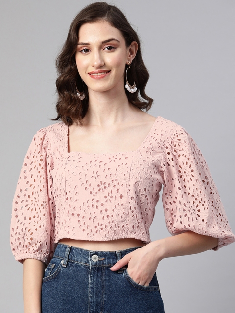 

I AM FOR YOU Pink Floral Schiffli Pure Cotton Crop Top
