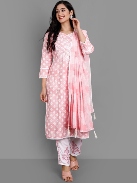 

Ziva Fashion Women Pink Ethnic Motifs Printed Panelled Kurti with Trousers & With Dupatta