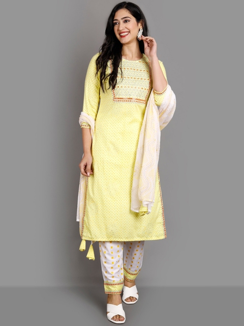 

Ziva Fashion Women Yellow Yoke Design Panelled Kurta with Trousers & With Dupatta