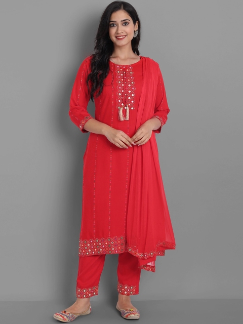 

Ziva Fashion Women Red Ethnic Motifs Panelled Kurta with Trousers & With Dupatta