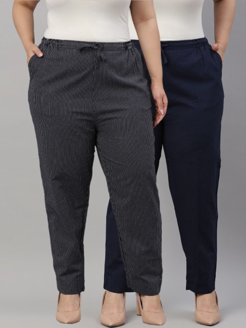 

Go Colors Women Navy Blue Striped Tapered Fit Trousers
