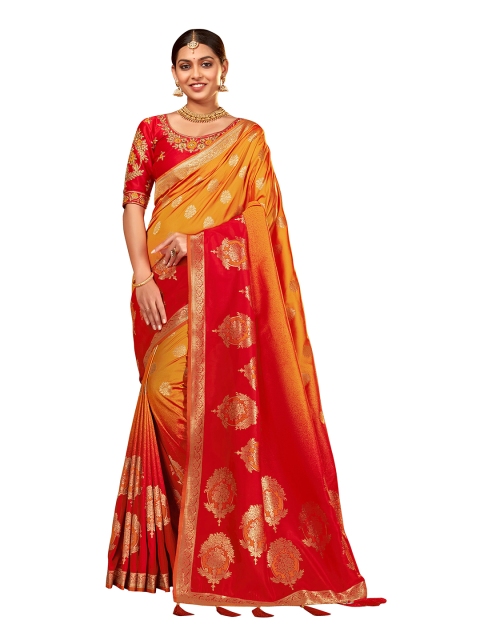 

MANOHARI Yellow & Red Woven Design Zari Silk Blend Banarasi Saree