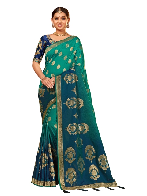 

MANOHARI Blue & Gold-Toned Woven Design Zari Silk Blend Banarasi Saree