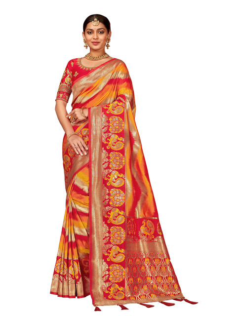 

MANOHARI Red & Yellow Woven Design Zari Silk Blend Banarasi Saree
