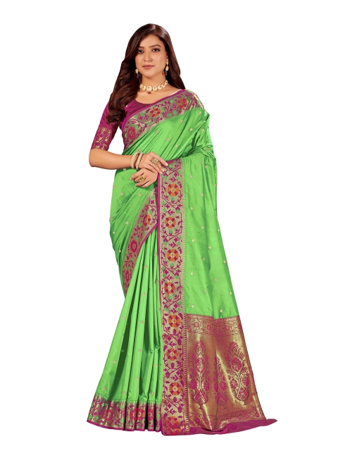 

MANOHARI Lime Green & Purple Woven Design Zari Silk Blend Banarasi Saree