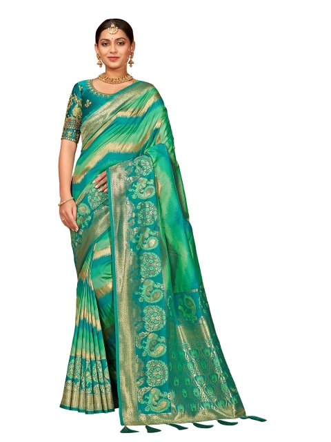 

MANOHARI Turquoise Blue & Gold-Toned Woven Design Zari Silk Blend Banarasi Saree
