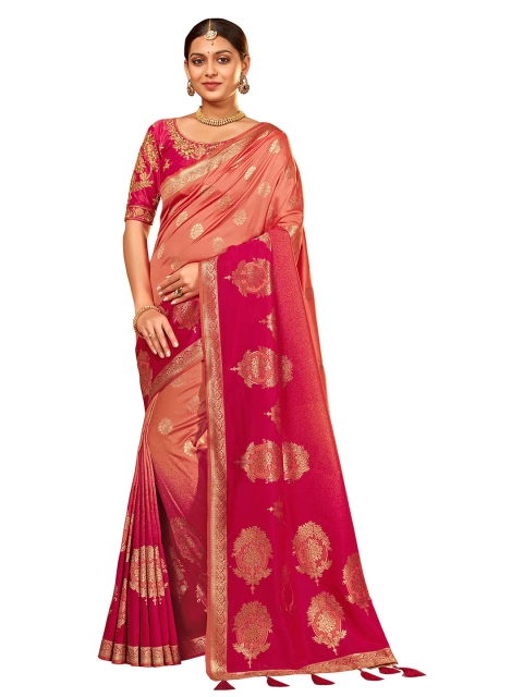 

MANOHARI Peach-Coloured & Pink Woven Design Zari Silk Blend Banarasi Saree
