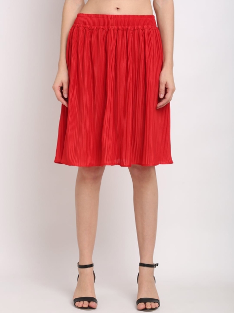 

NEUDIS Women Red Solid Accordian Pleat Midi Flared Skirt