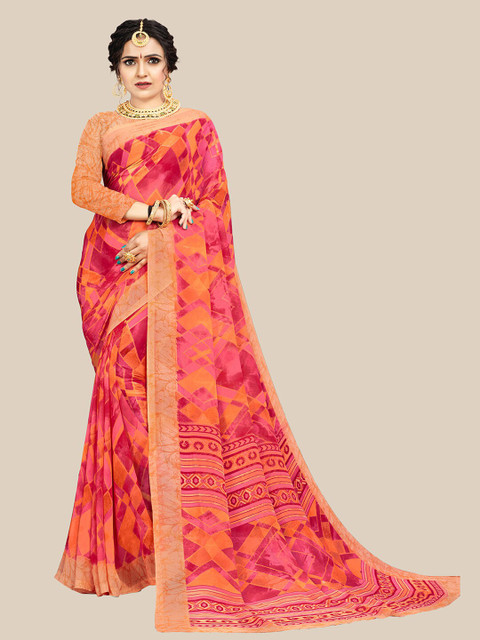 

UNITED LIBERTY Orange & Pink Pure Georgette Block Print Saree