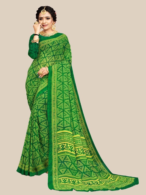 

UNITED LIBERTY Green & Yellow Floral Zari Pure Georgette Block Print Saree