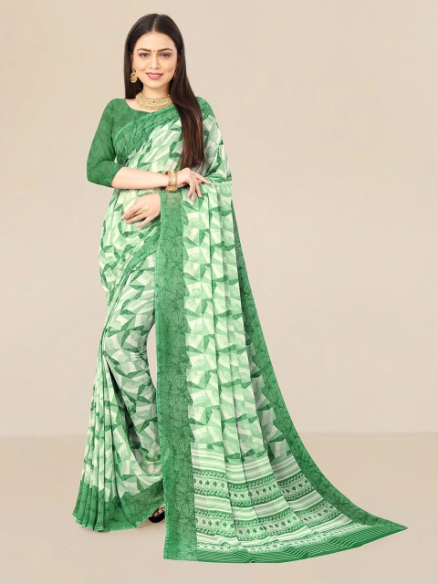 

UNITED LIBERTY Green Floral Pure Georgette Block Print Saree