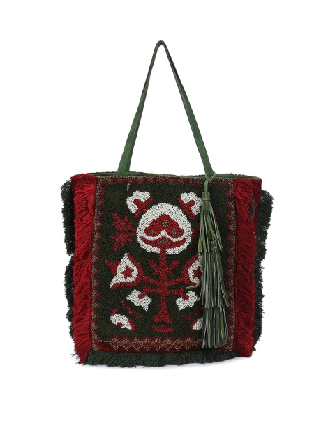 

The Purple Sack Green Embellished Oversized Shopper Tote Bag with Fringed