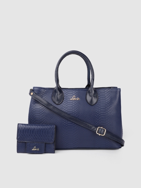 

Lavie Navy Blue Animal Textured Structured Handheld Bag with a 3 Fold Wallet