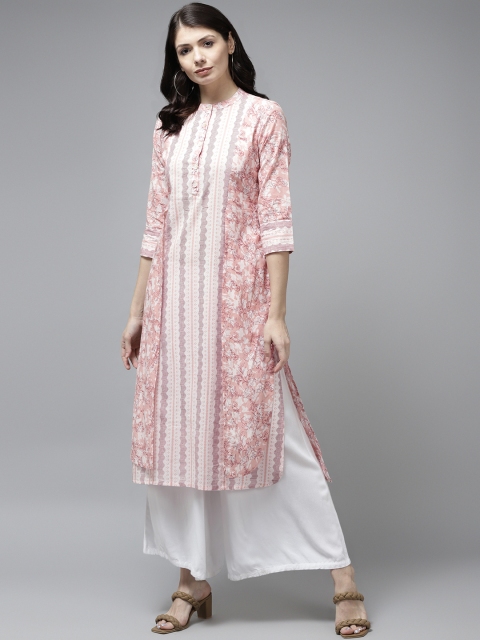 

Rain & Rainbow Women Peach-Coloured & White Pure Cotton Ethnic Motifs Printed Kurta