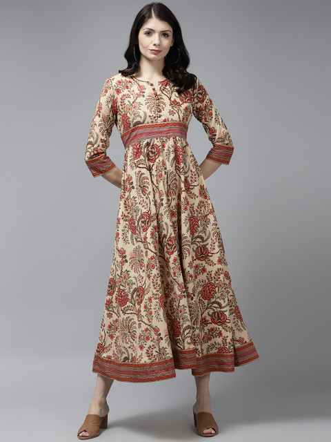 

Rain & Rainbow Beige & Rust Red Pure Cotton Ethnic Motifs Printed A-Line Midi Dress