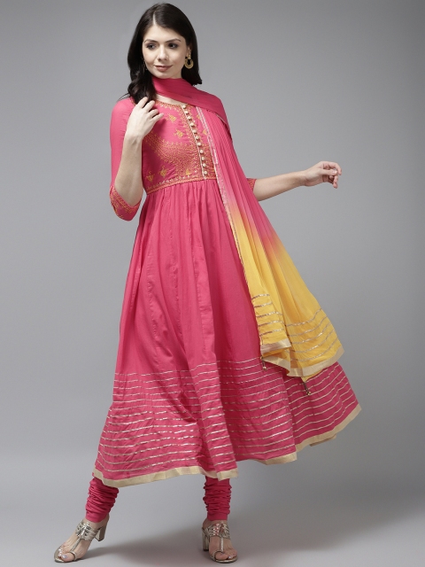 

Rain & Rainbow Women Pink Embroidered Sequinned Pure Cotton Kurta with Churidar & With Dupatta