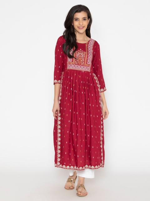 

SAABHI Maroon Floral Ethnic A-Line Midi Dress