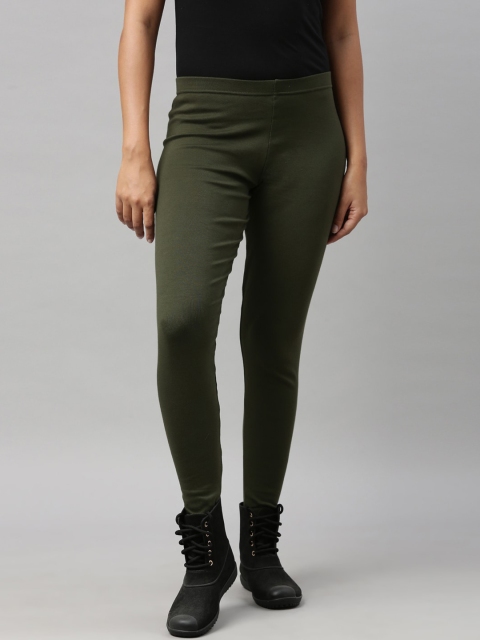 

Go Colors Women Olive Solid Ankle-Length Ribbed Warm Leggings