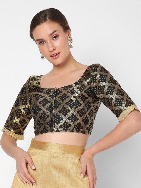 

SALWAR STUDIO Women Black & Gold-Coloured Printed Readymade Saree Blouse