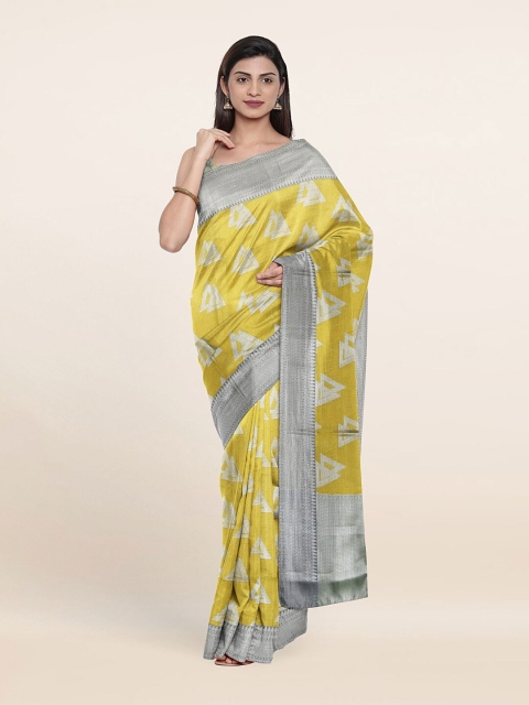 

Pothys Yellow & Silver-Toned Woven Design Art Silk Saree