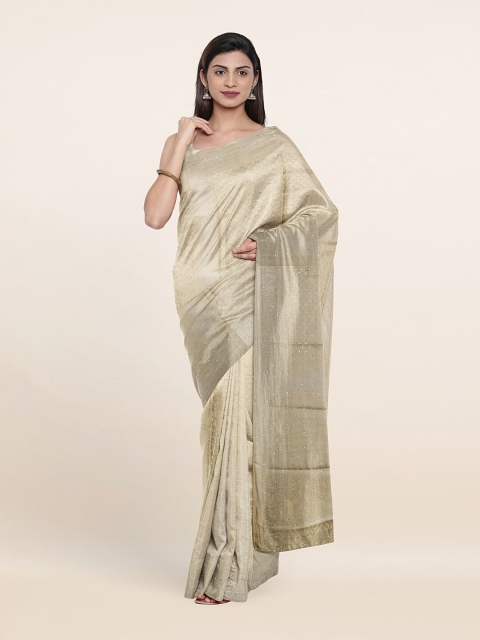 

Pothys Cream-Coloured & Silver-Toned Ethnic Motifs Beads and Stones Art Silk Saree