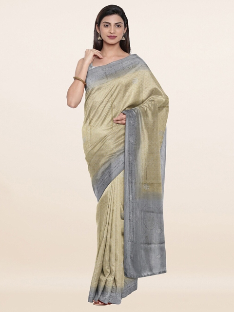 

Pothys Mustard Yellow & Grey Ethnic Motifs Zari Art Silk Banarasi Saree