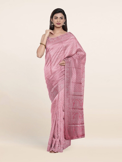 

Pothys Pink & Silver-Toned Ethnic Motifs Beads and Stones Art Silk Saree