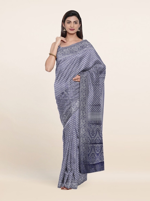

Pothys Blue & Silver-Toned Ethnic Motifs Art Silk Banarasi Saree