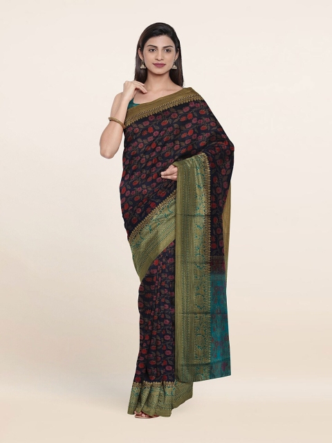 

Pothys Navy Blue & Gold-Toned Ethnic Motifs Art Silk Banarasi Saree