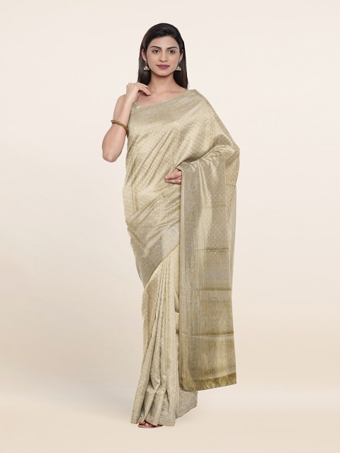 

Pothys Cream-Coloured & Silver-Toned Ethnic Motifs Art Silk Banarasi Saree