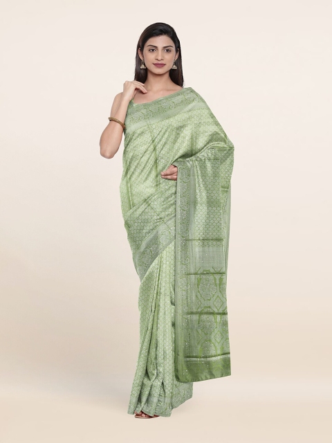 

Pothys Green & Silver-Toned Woven Design Art Banarasi Silk Saree