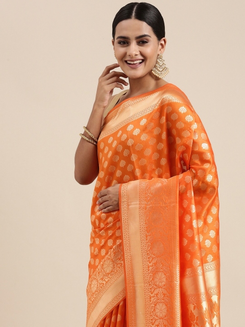 

Mitera Orange & Golden Ethnic Motifs Woven Design Saree
