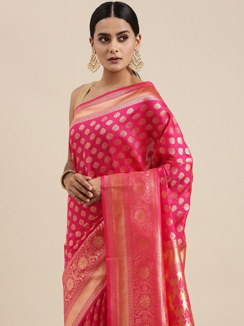 

Mitera Pink & Golden Ethnic Motifs Woven Design Saree