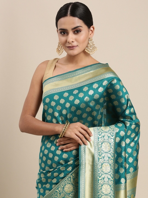 

Mitera Turquoise Blue & Golden Ethnic Motifs Woven Design Saree