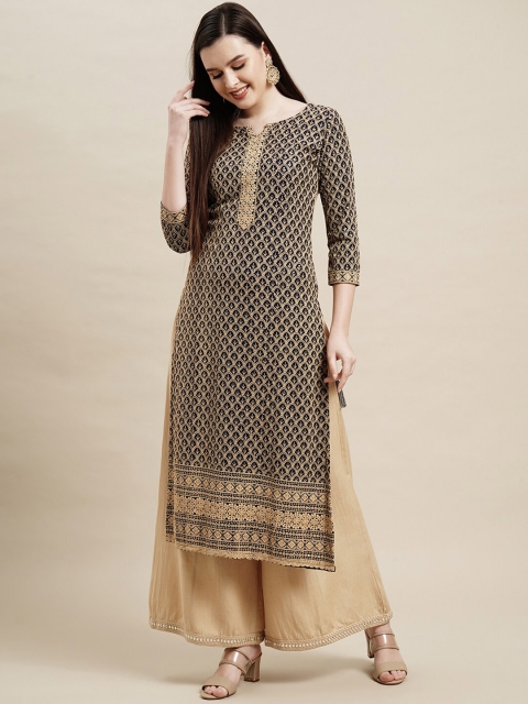 

FASHOR Women Navy Blue Geometric Keyhole Neck Flared Sleeves Gotta Patti Kurta