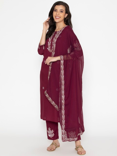 

SAABHI Women Maroon Floral Embroidered Kurta with Churidar & With Dupatta
