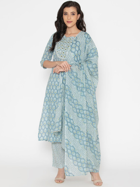 

SAABHI Women Grey Ethnic Motifs Printed Mirror Work Pure Cotton Kurta with Trousers & With Dupatta