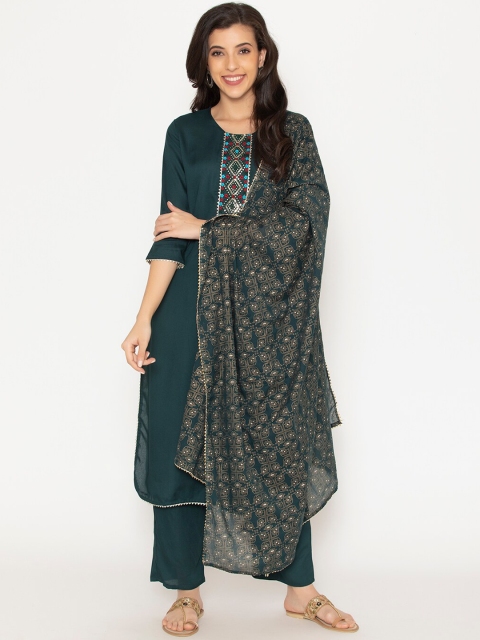 

SAABHI Women Green Pleated Kurta with Dhoti Pants & With Dupatta