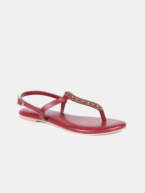 

W Red Embellished PU Ethnic Block Sandals