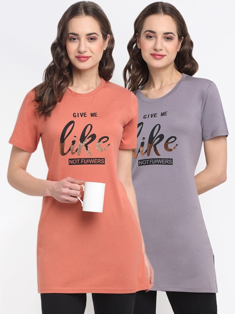 

Kanvin Women Pack Of 2 Printed Lounge T-Shirts, Orange